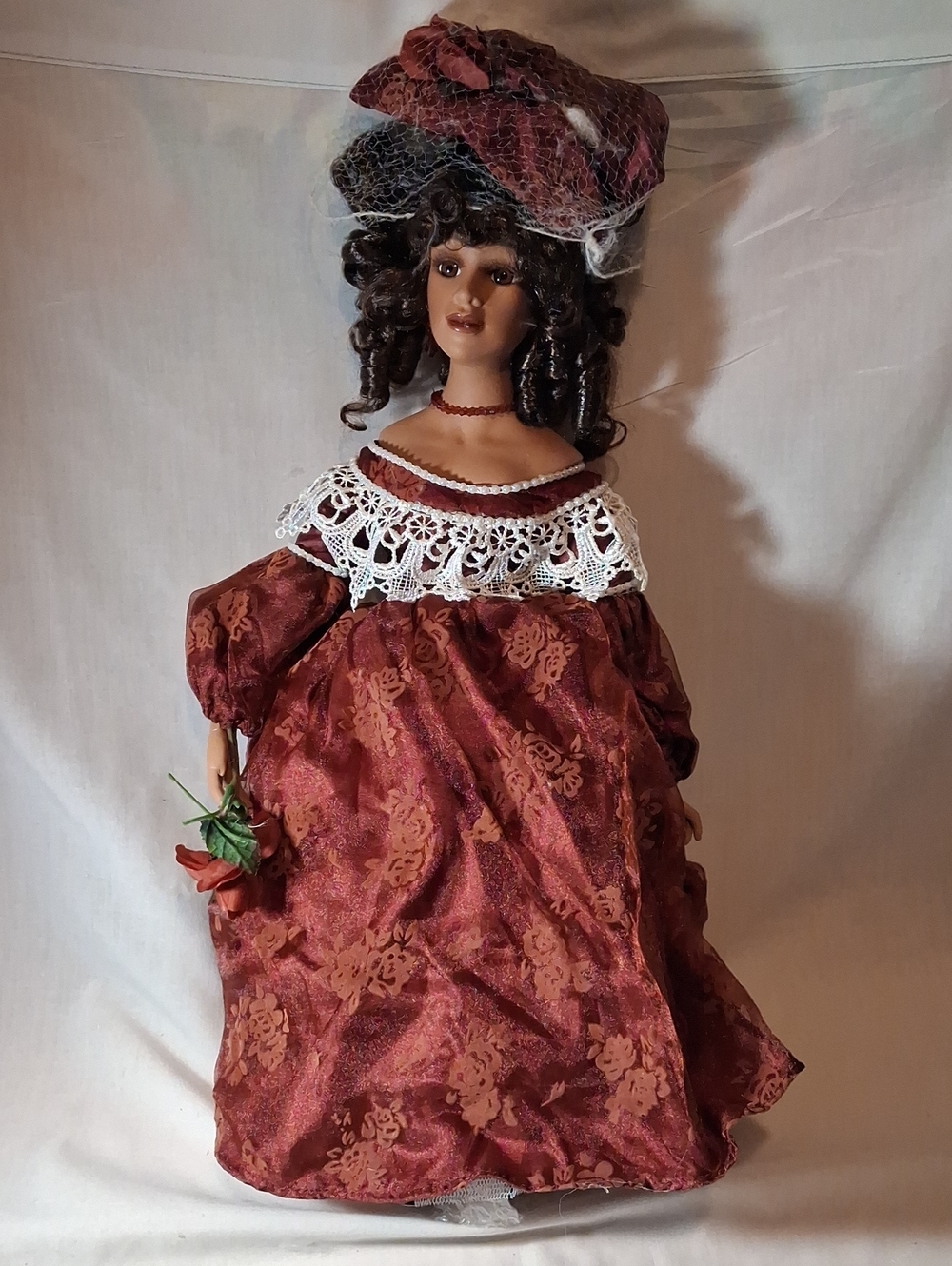 Vintage African American Porcelain Doll in Burgundy Print Lace Neck Collar Dress